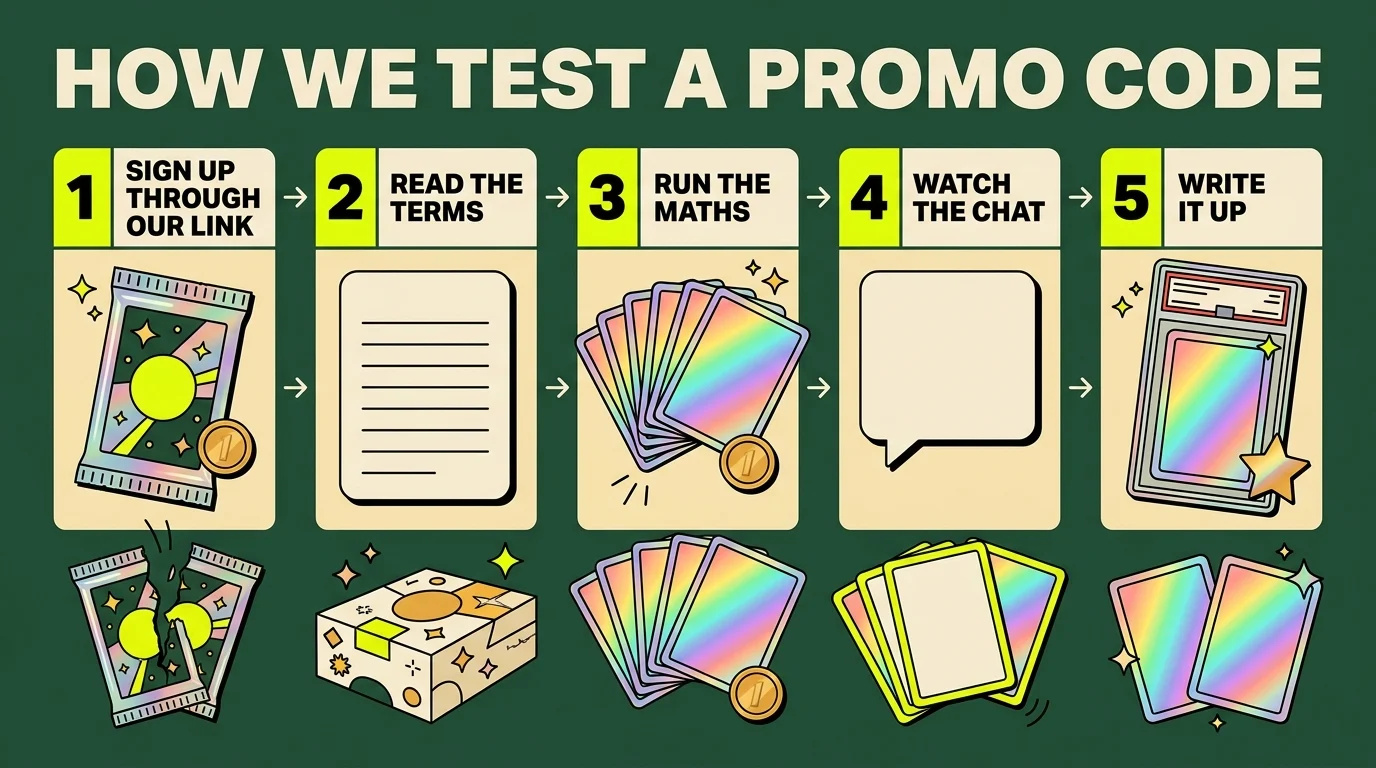 How BetterChecked tests a promo code, in five steps: sign up through our link, read the terms, run the maths, watch the chat, write it up.