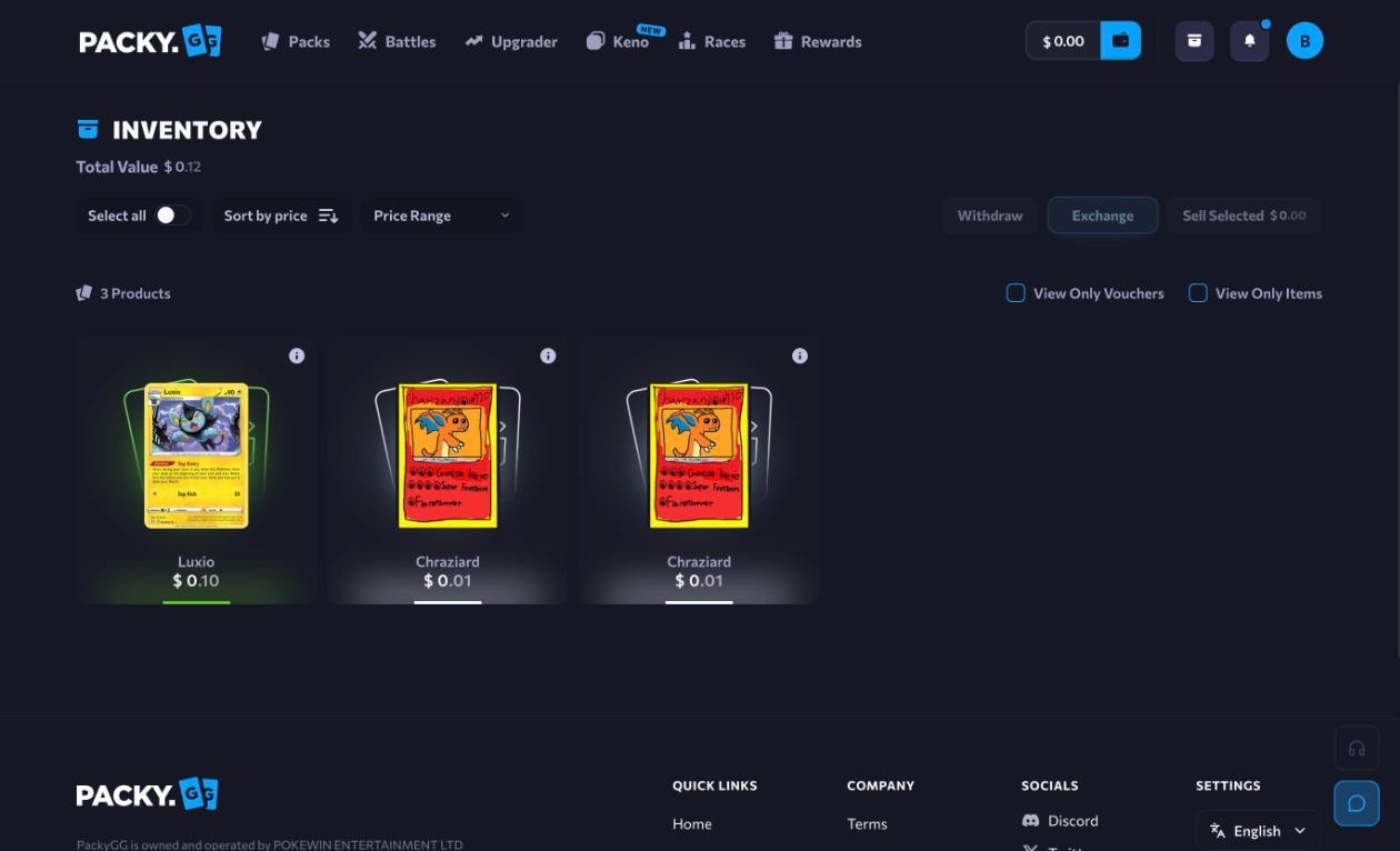 Packy.gg inventory after the free welcome pack: Luxio $0.10 and two Chraziard $0.01, total value $0.12, with the Withdraw, Exchange and Sell Selected buttons