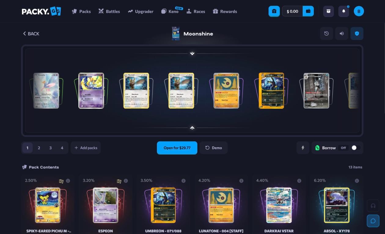 Packy.gg Moonshine pack page at $29.77 with 13 cards and the odds printed on each, from 2.50% Spiky-eared Pichu to 6.20% Absol, plus Demo, 1 to 4 multi-open and the Borrow toggle