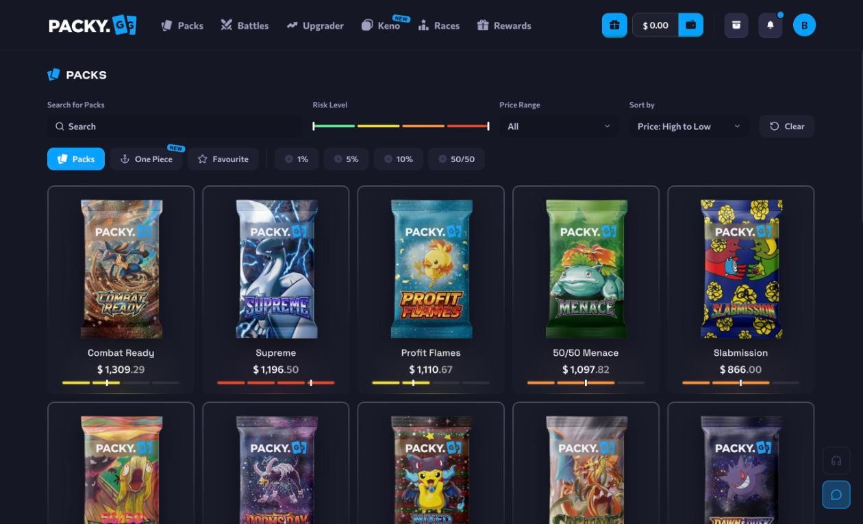 Packy.gg packs catalogue sorted by price: Combat Ready $1,309.29, Supreme $1,196.50, Profit Flames $1,110.67, 50/50 Menace $1,097.82 and Slabmission $866, with the risk level slider and the One Piece, 1%, 5%, 10% and 50/50 tabs