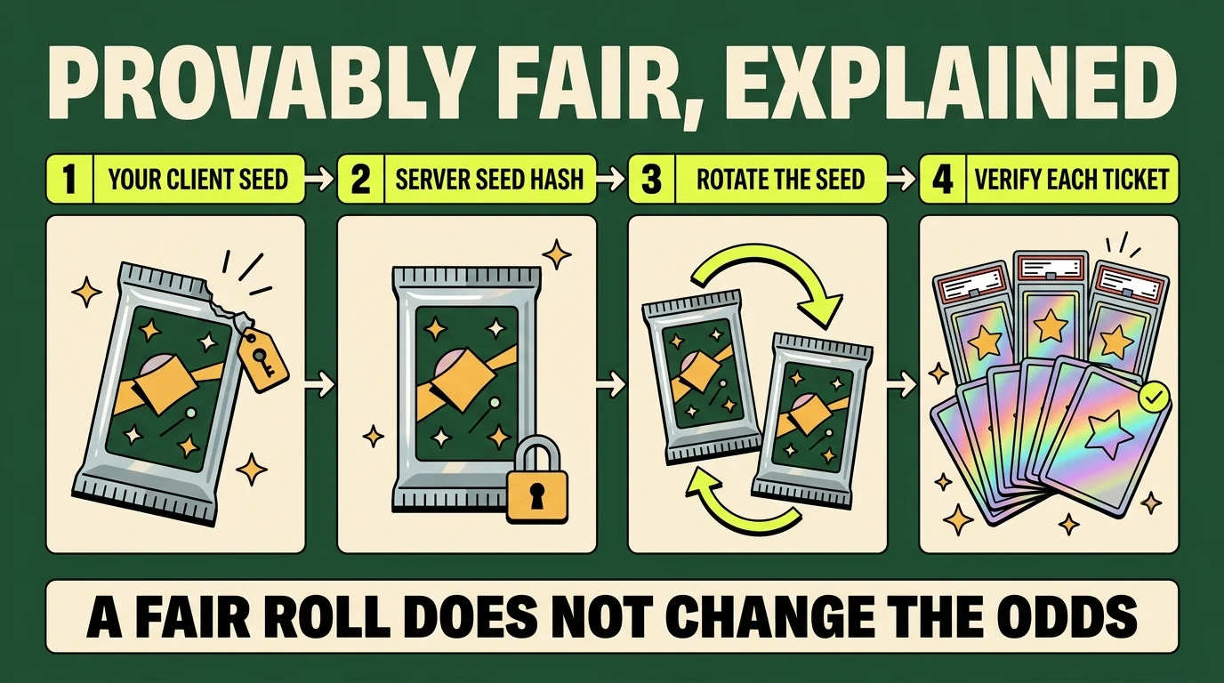Provably fair explained in four steps: your client seed, the server seed hash, rotate the seed, verify each ticket. A fair roll does not change the odds.