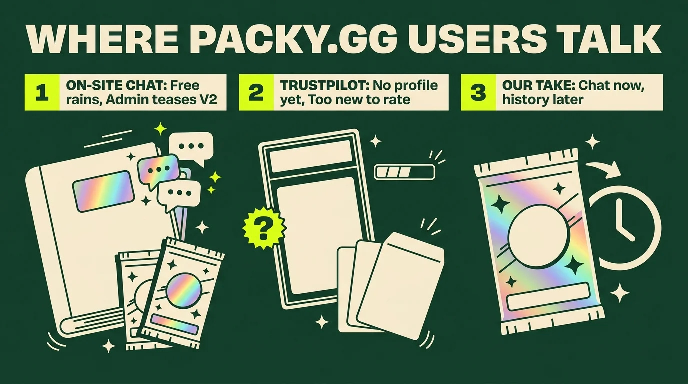 Where Packy.gg users talk, in three columns: the on-site chat (free rains, the admin teasing V2), Trustpilot (no profile yet, too new to rate) and our take (chat now, history later)