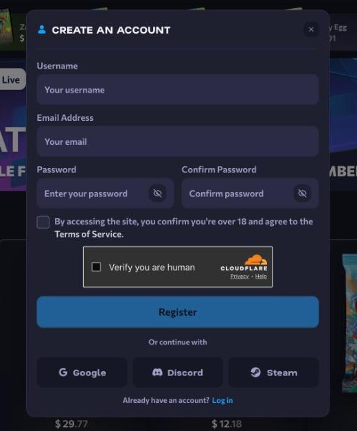 Packy.gg create-an-account form: username, email, password, the over-18 and terms box, the Cloudflare check, and Google, Discord or Steam one-click sign-up