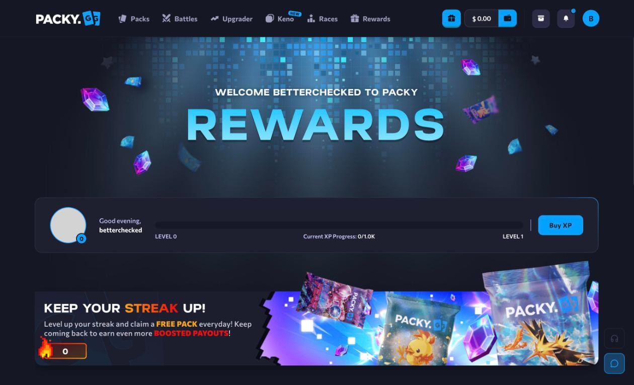 Packy.gg rewards page for our account: level 0 with the XP bar, a Buy XP button and the daily streak pack banner