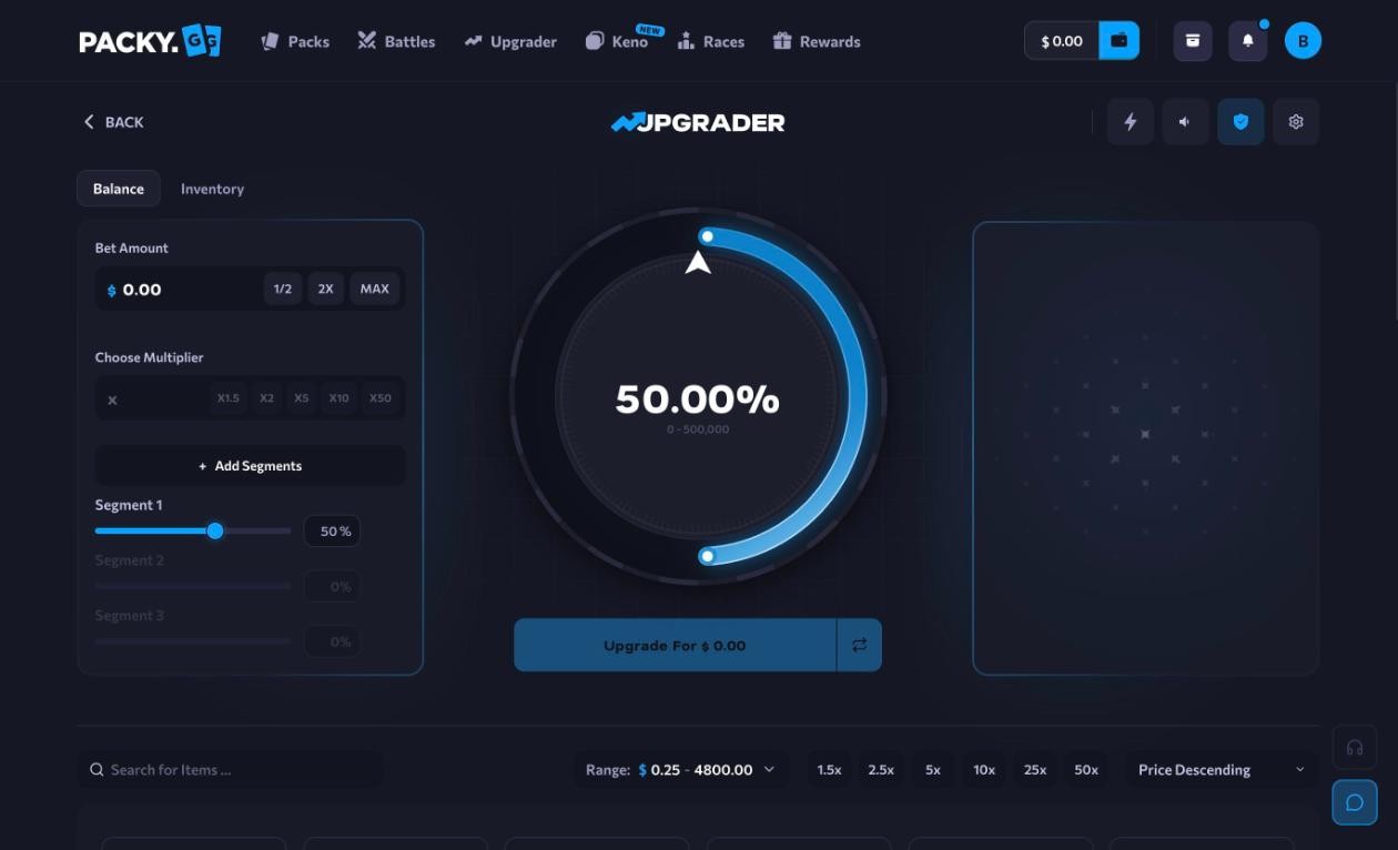 Packy.gg Upgrader with the wheel at 50.00% for a 2x multiplier, up to three segments and target cards from $0.25 to $4,800