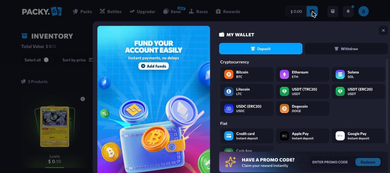 Packy.gg wallet deposit dialog with Bitcoin, Ethereum, Solana, Litecoin, USDT, USDC, Dogecoin, credit card, Apple Pay and Google Pay, and the Have a promo code field at the bottom