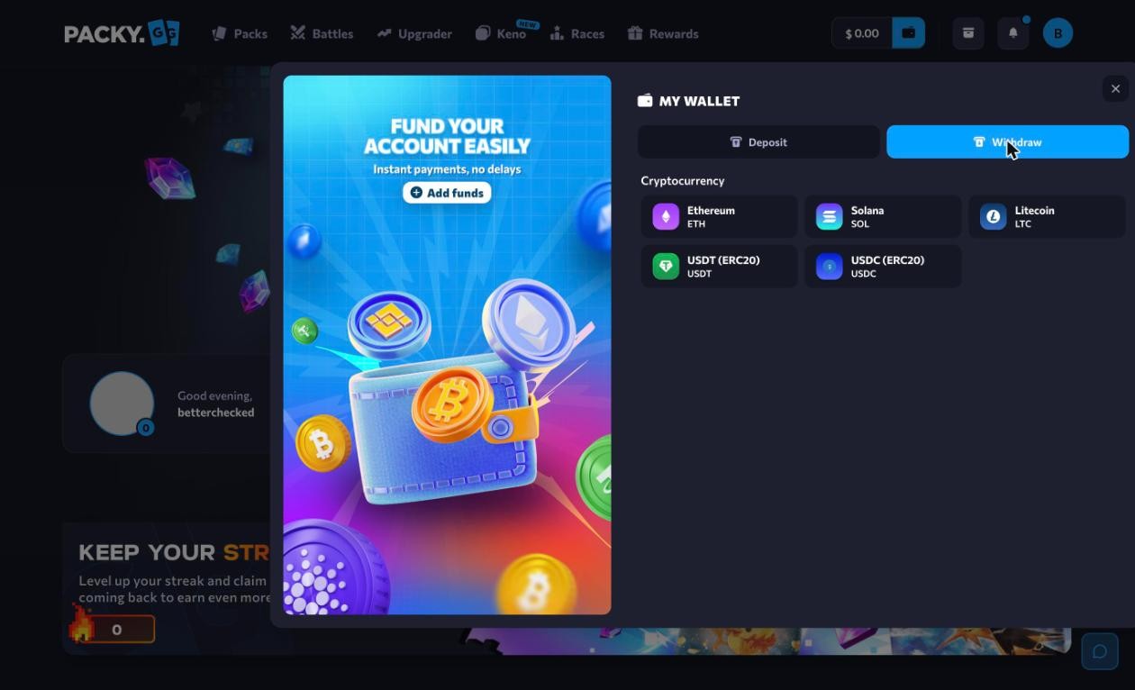 Packy.gg wallet on the Withdraw tab: Ethereum, Solana, Litecoin, USDT and USDC, crypto only on the way out