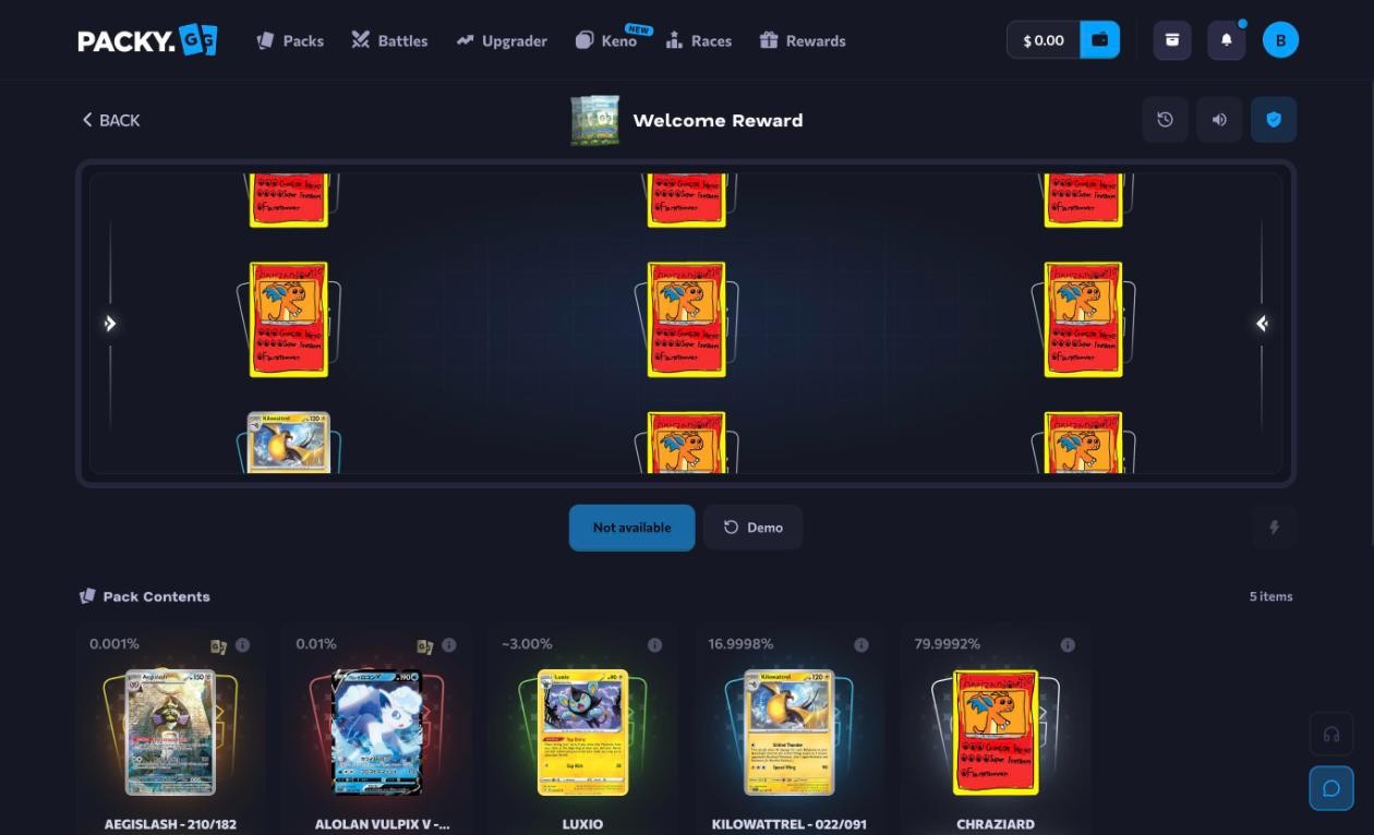 Packy.gg Welcome Reward pack with its five cards and odds: 79.9992% Chraziard $0.01, 16.9998% Kilowattrel $0.02, about 3% Luxio $0.10, 0.01% Alolan Vulpix V $1.01 and 0.001% Aegislash $7.37