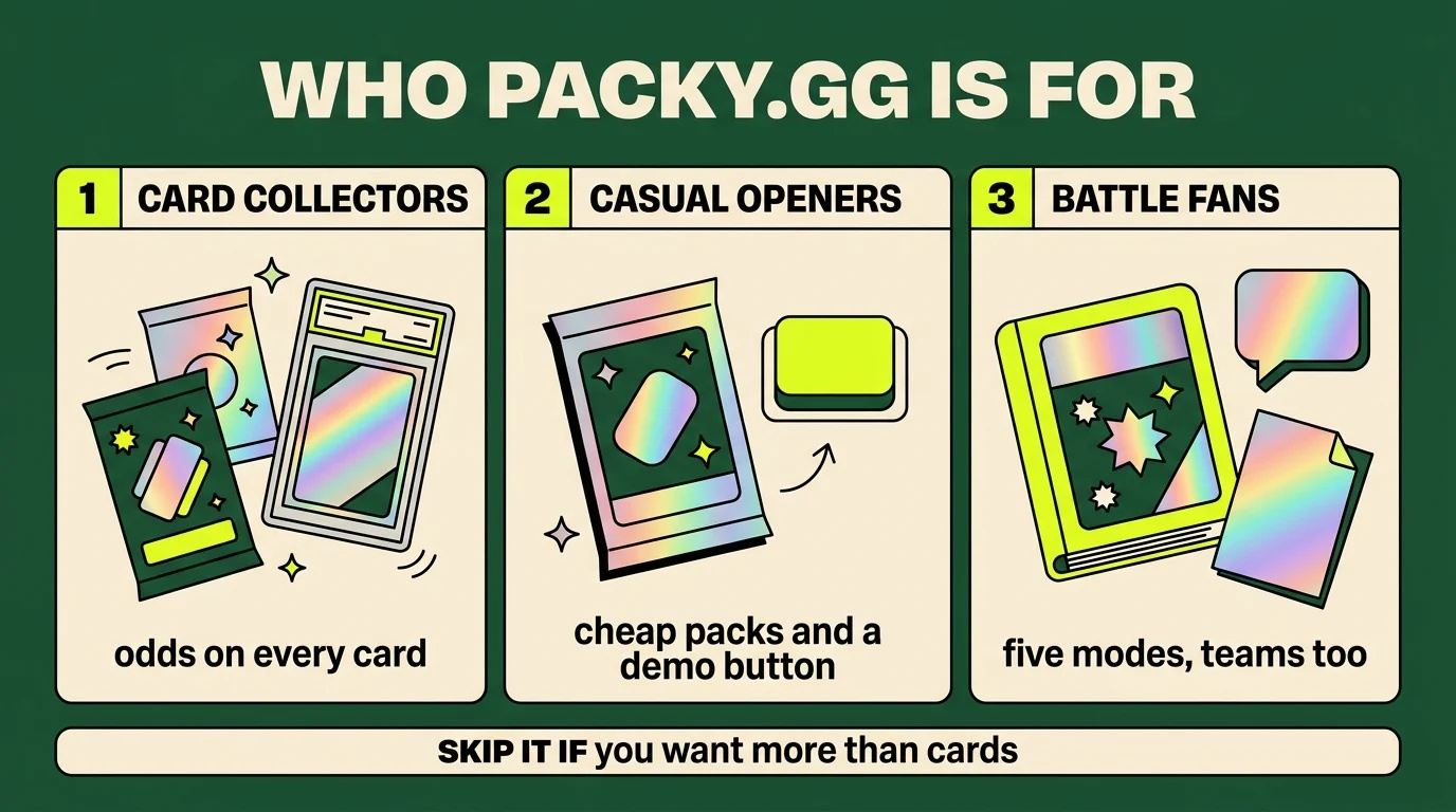 Who Packy.gg is for, three panels: card collectors (odds on every card), casual openers (cheap packs and a demo button), battle fans (five modes, teams too), and one bar below: skip it if you want more than cards