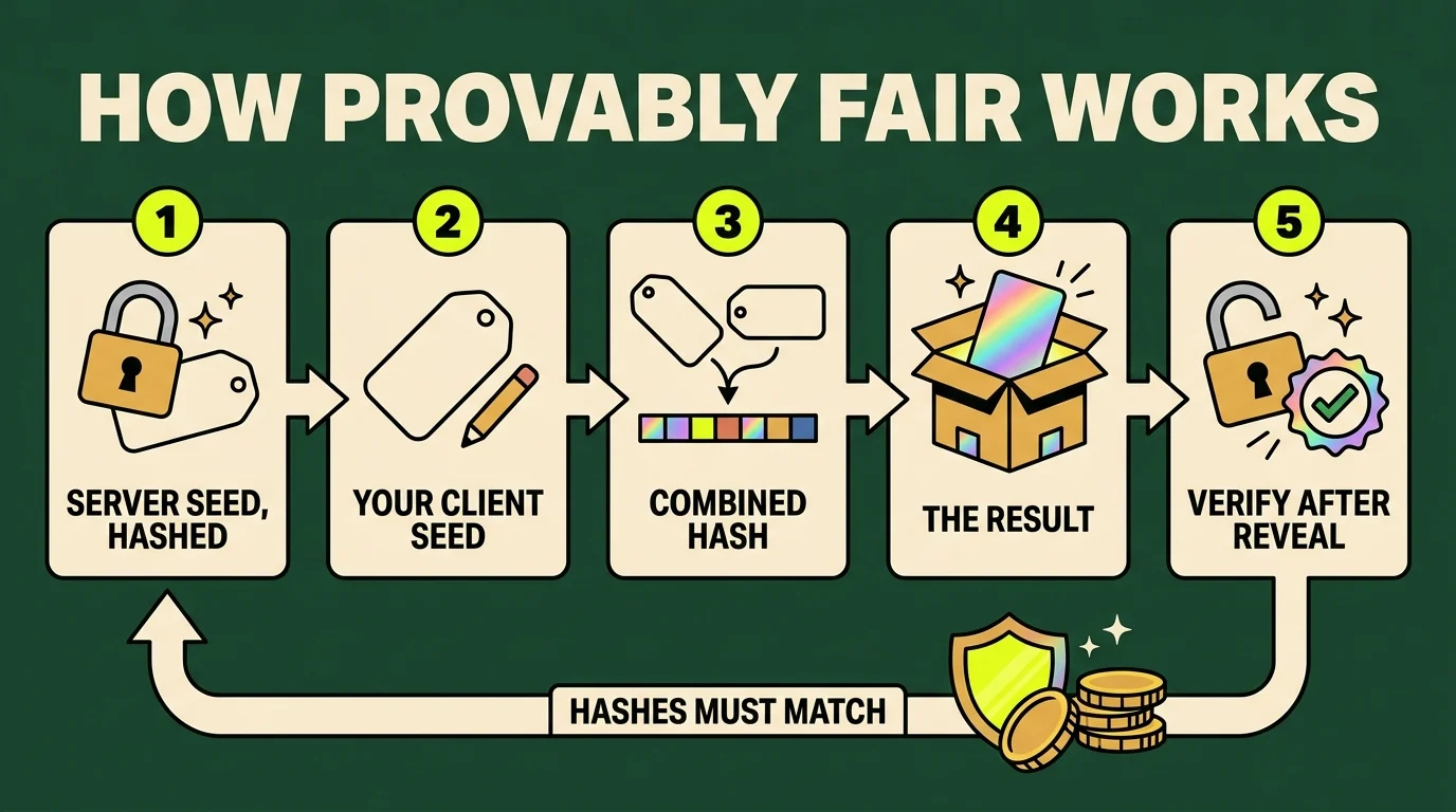 Infographic of the provably fair chain in five steps: server seed hashed, your client seed, combined hash, the result, verify after reveal, with an arrow back to the start labelled hashes must match