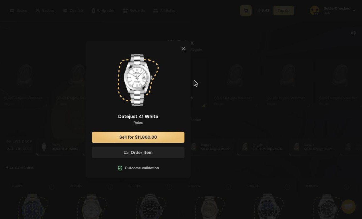 Royale.gg 1% Rolex box result in our test: Rolex Datejust 41 White with Sell for $11,800.00, Order Item and an Outcome validation badge
