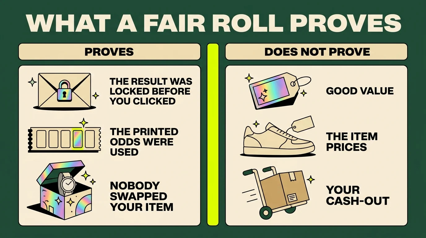 Infographic: what a fair roll proves (the result was locked before you clicked, the printed odds were used, nobody swapped your item) and what it does not prove (good value, the item prices, your cash-out)
