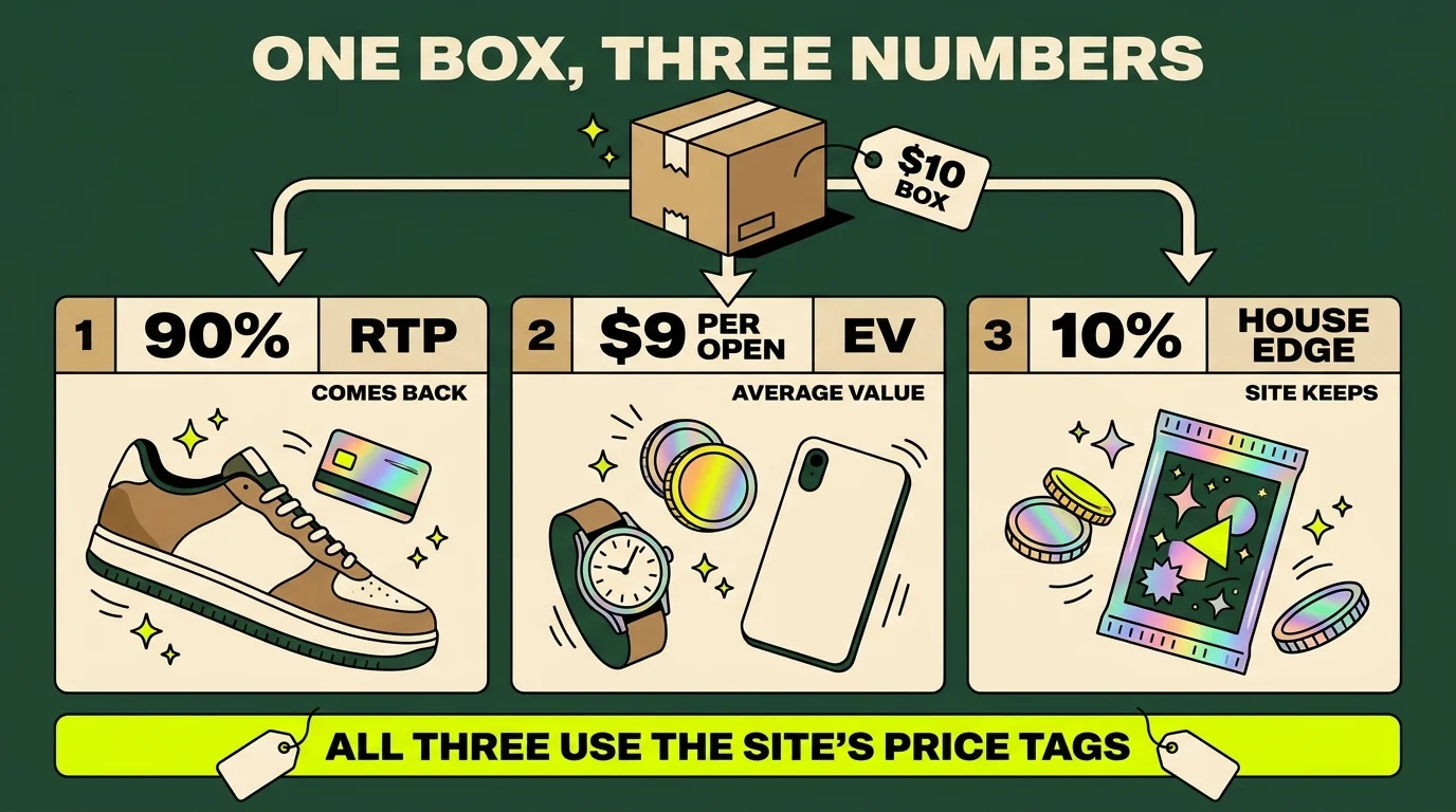 Infographic: one $10 mystery box seen three ways, an RTP of 90% that comes back, an EV of $9 per open and a 10% house edge the site keeps, all three built on the site's price tags