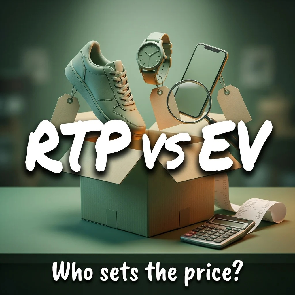 RTP vs EV, who sets the price? An open mystery box with a sneaker, a watch and a phone rising out of it, each on a price tag, a magnifying glass, a calculator and a receipt