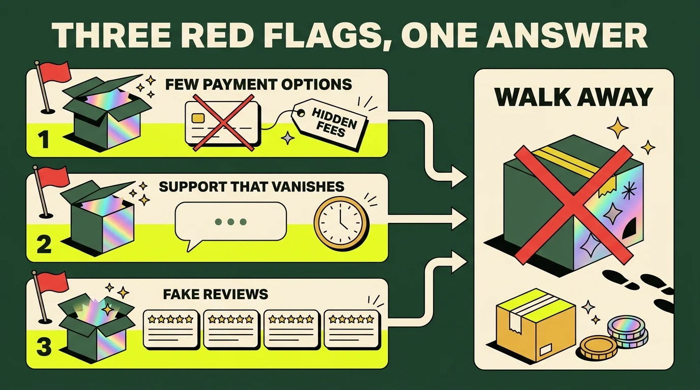 Infographic of three mystery box site red flags, few payment options, support that vanishes and fake reviews, with arrows merging into one answer: walk away