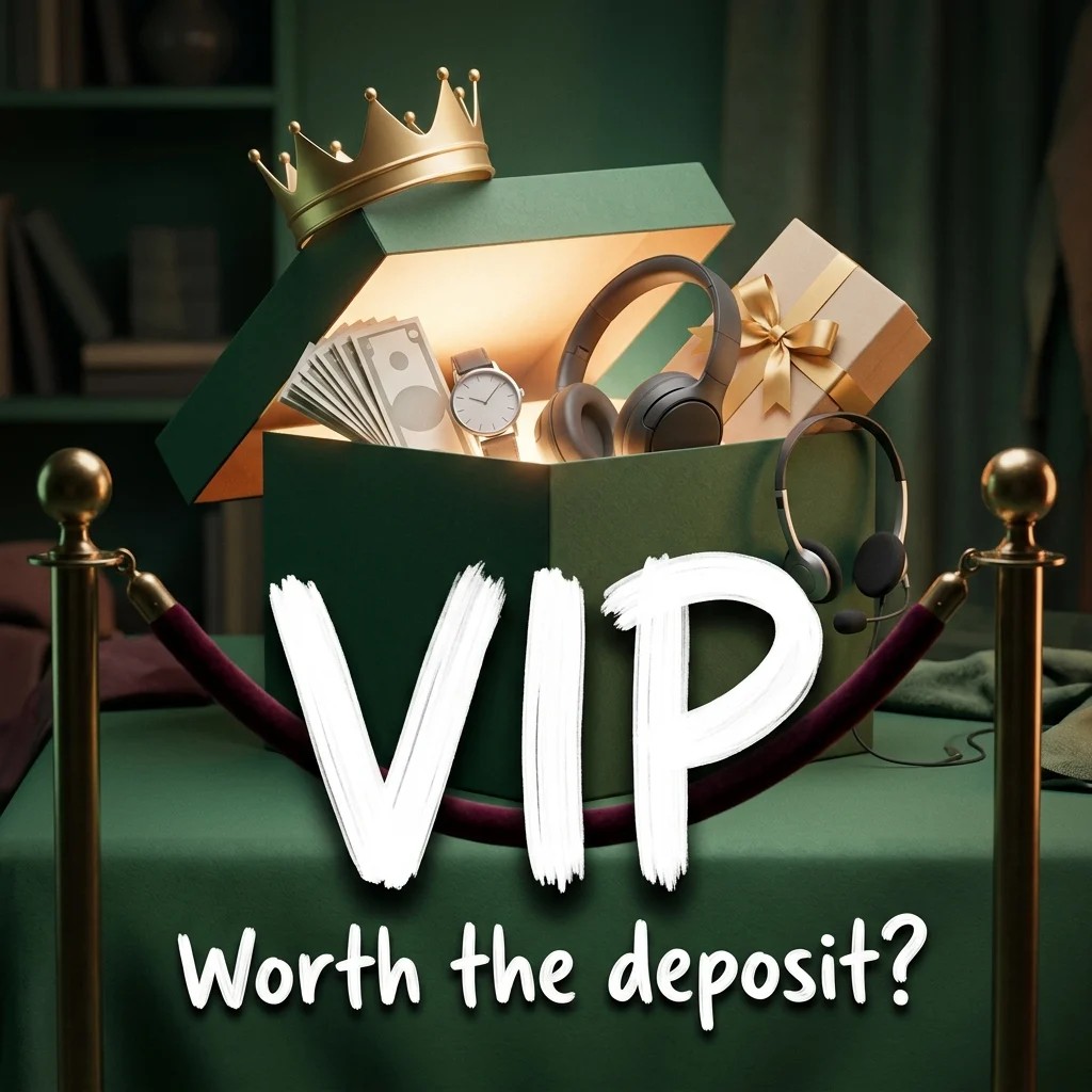 Open green mystery box with a gold crown, watch, headphones and cash behind a velvet rope, titled VIP, worth the deposit?
